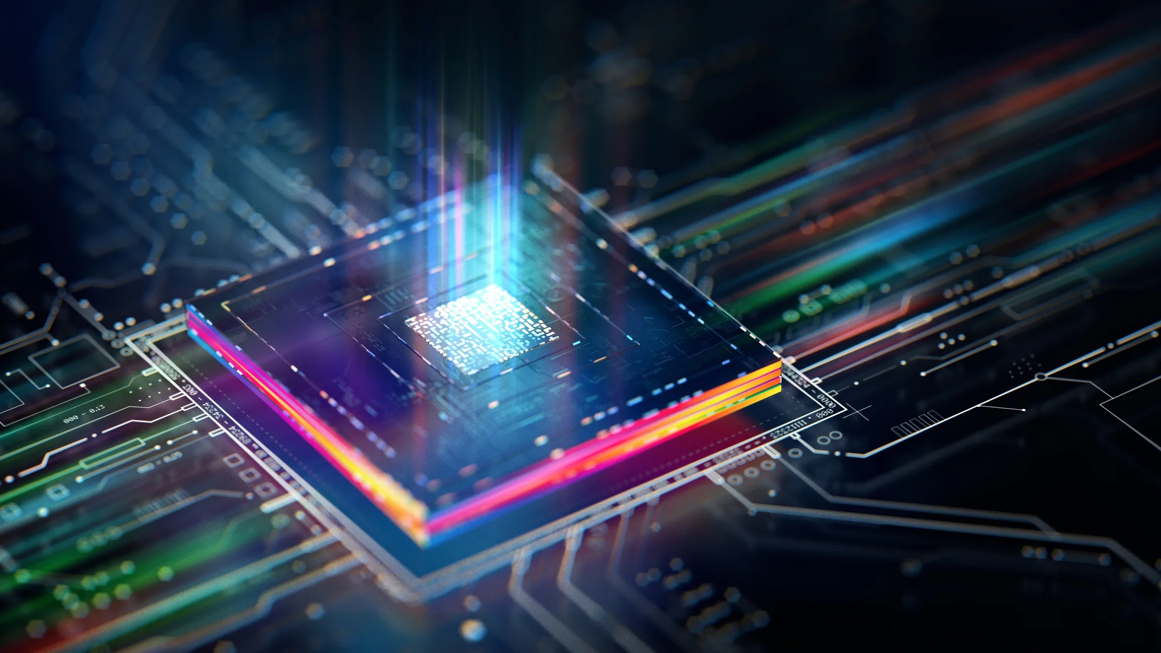 Futuristic central processor unit. Powerful Quantum CPU on PCB motherboard with data transfers. Salle de 48 stations, ITII NORMANDIE